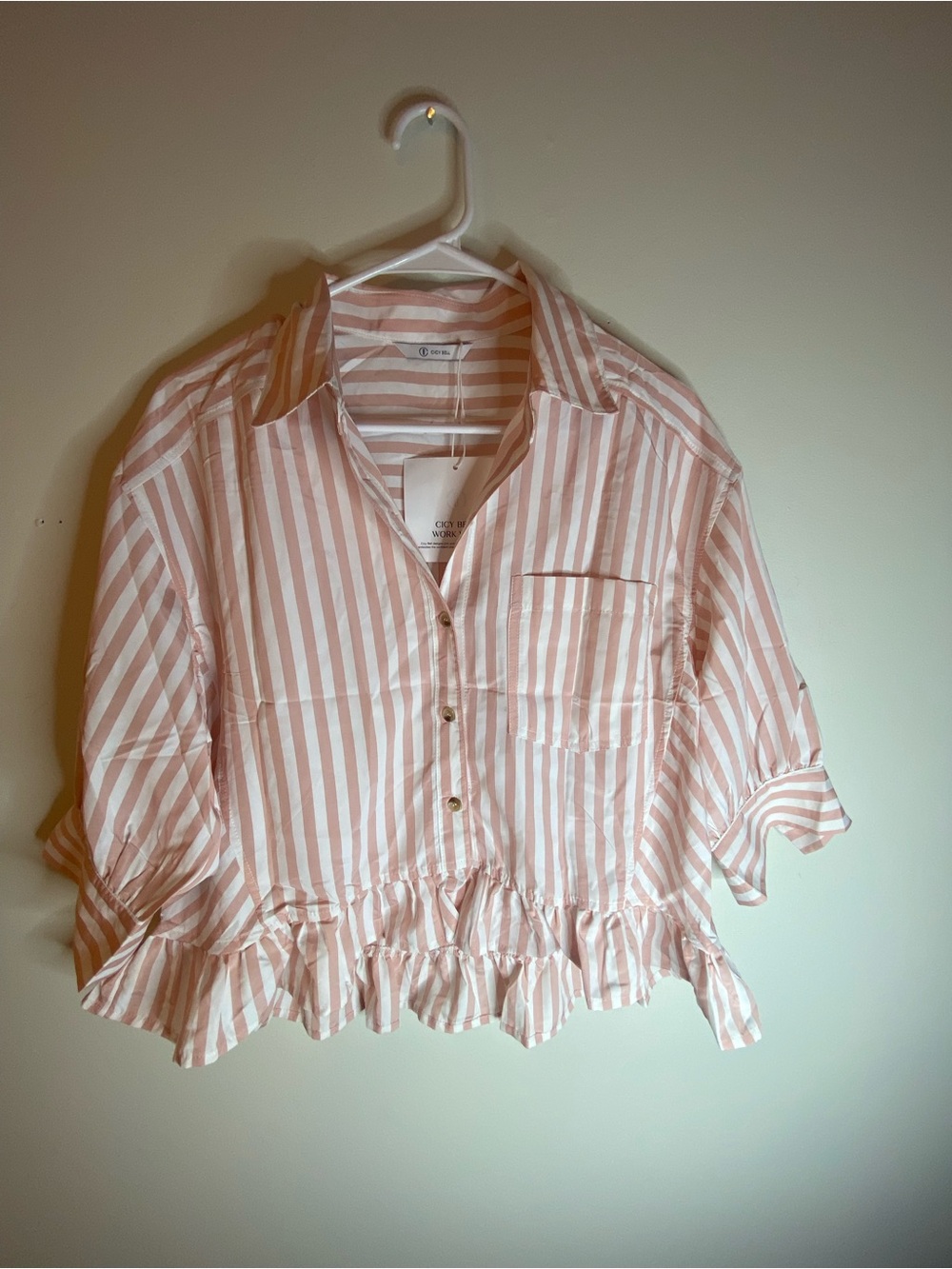 Cropped Ruffle Hem Button-Down Shirt in Soft Pink Stripe - Women